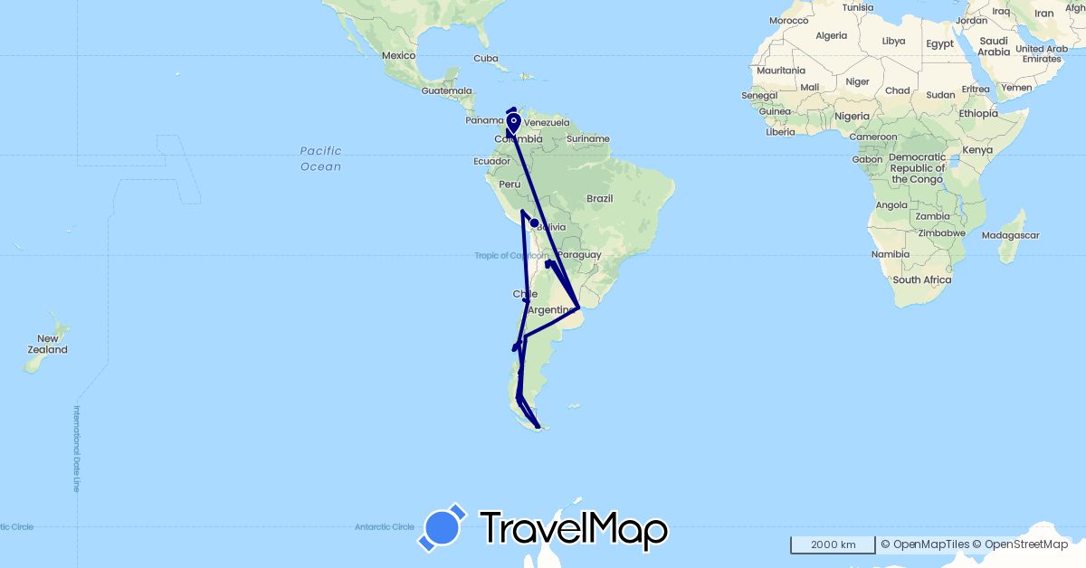 TravelMap itinerary: driving in Argentina, Bolivia, Chile, Colombia, Peru (South America)
